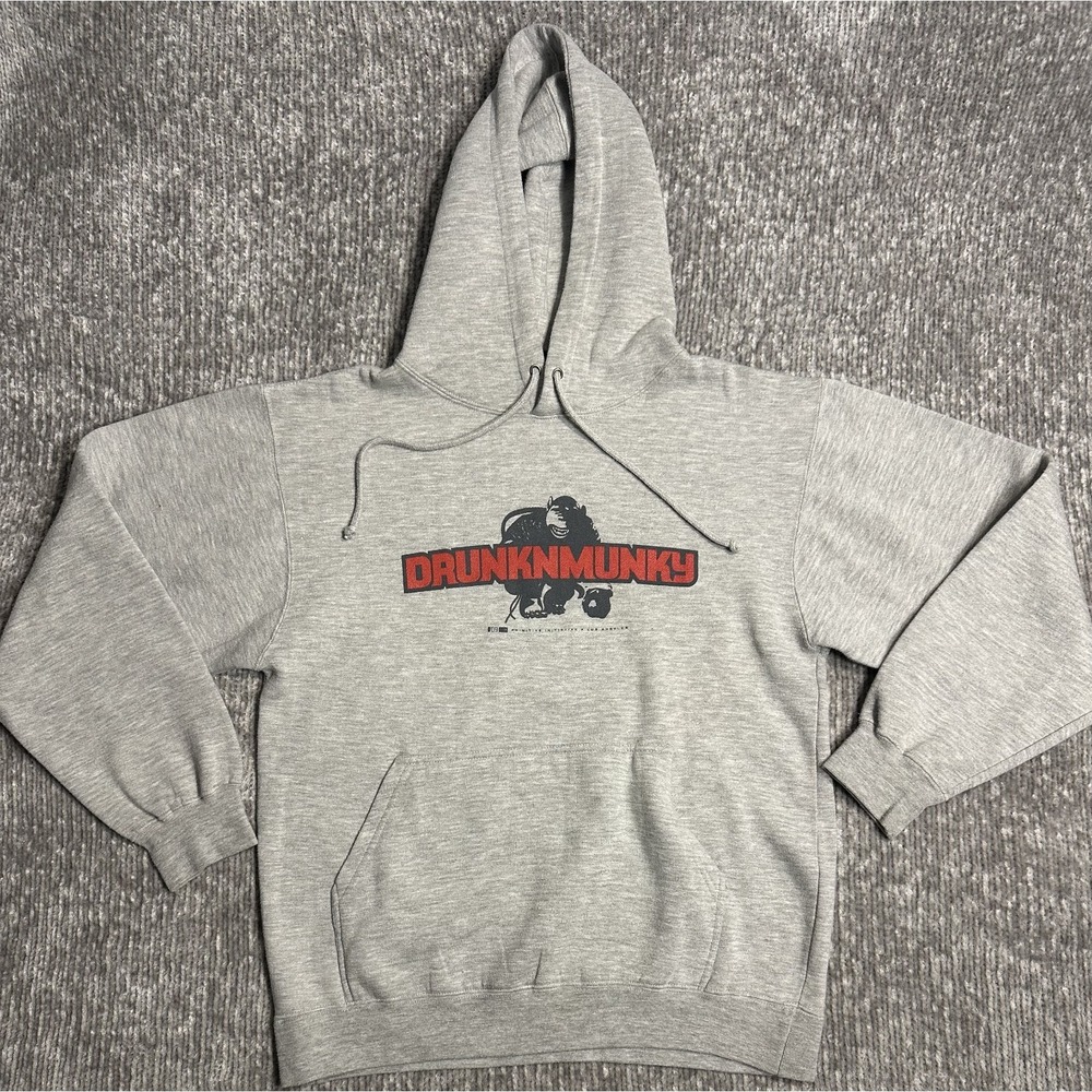 Drunknmunky Hoodie Mens S Grey Graphic Pullover Streetwear Skate y2k VTG USA